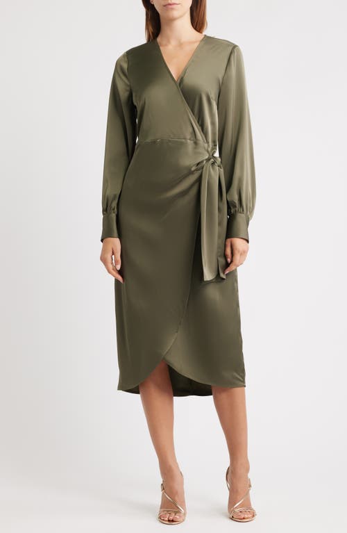 Sam Edelman Long Sleeve Faux Wrap Satin Dress In Green