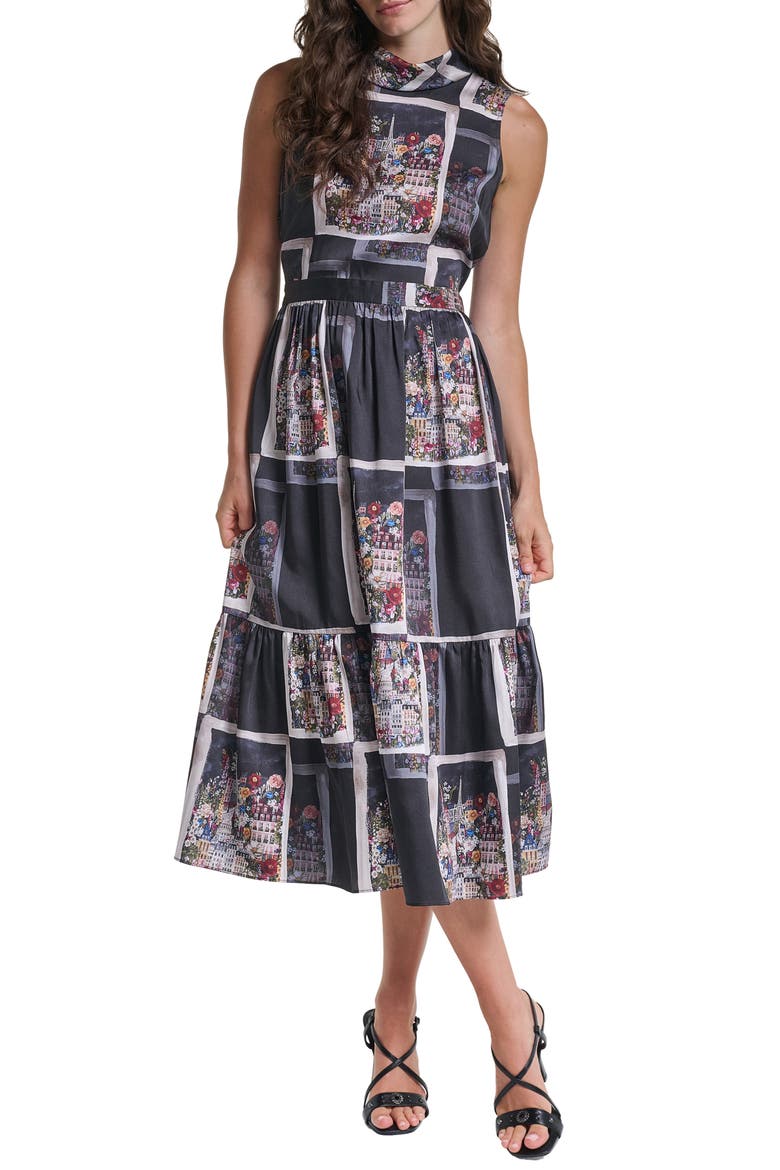 Paris Print Twill Midi Dress, Main, color, BLACK MULTI