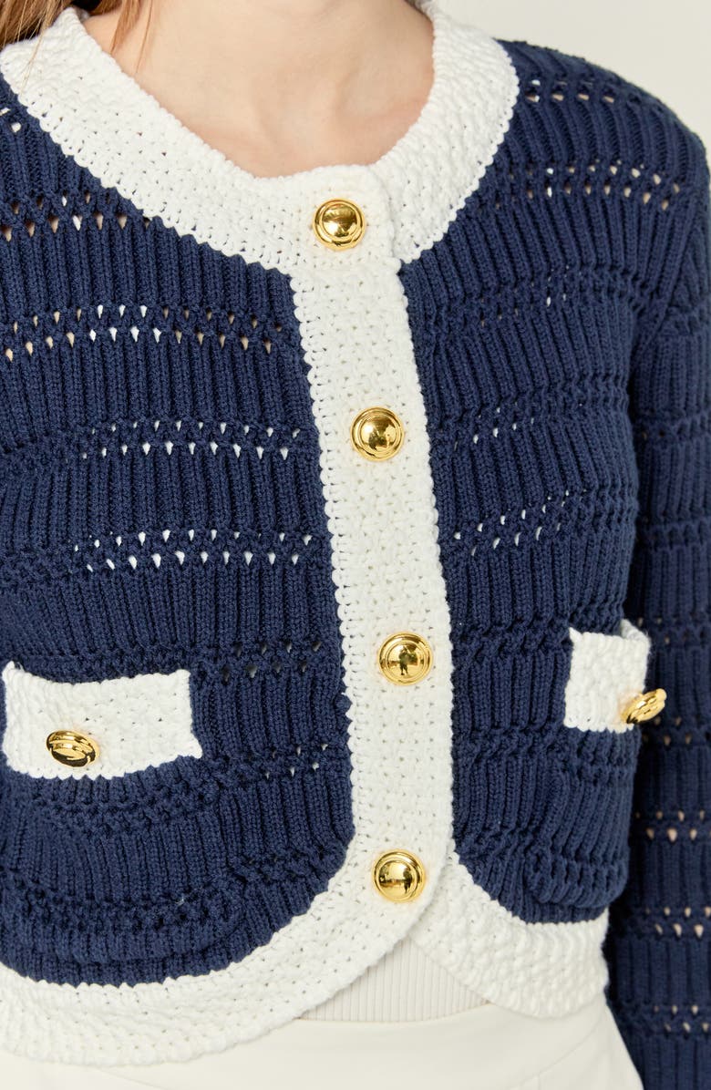 English Factory Contrast Crop Cardigan, Alternate, color, Navy/ White