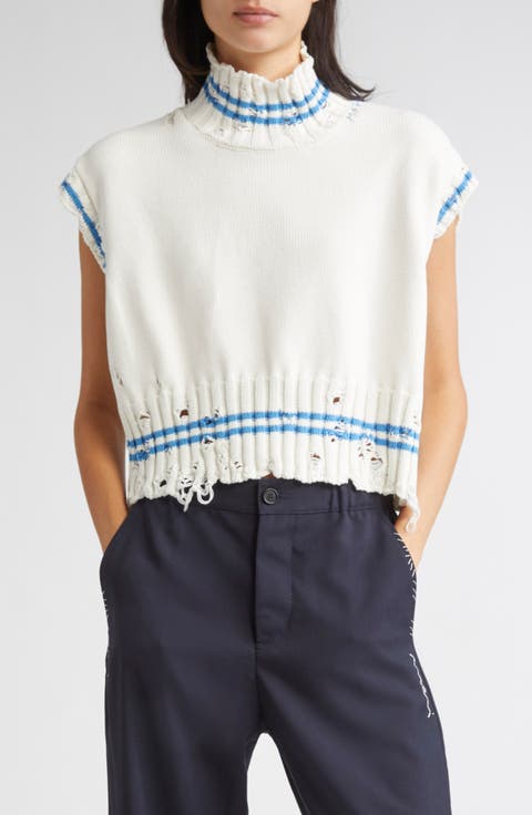 Mending Logo Distressed Boxy Cotton Turtleneck Sweater