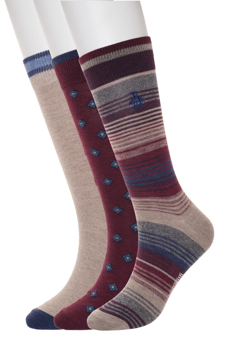 Original Penguin Marled Stripe Assorted 3-Pack Crew Socks, Main, color, Brown