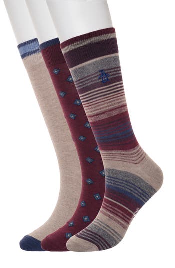 Original Penguin Marled Stripe Assorted 3-pack Crew Socks In Brown