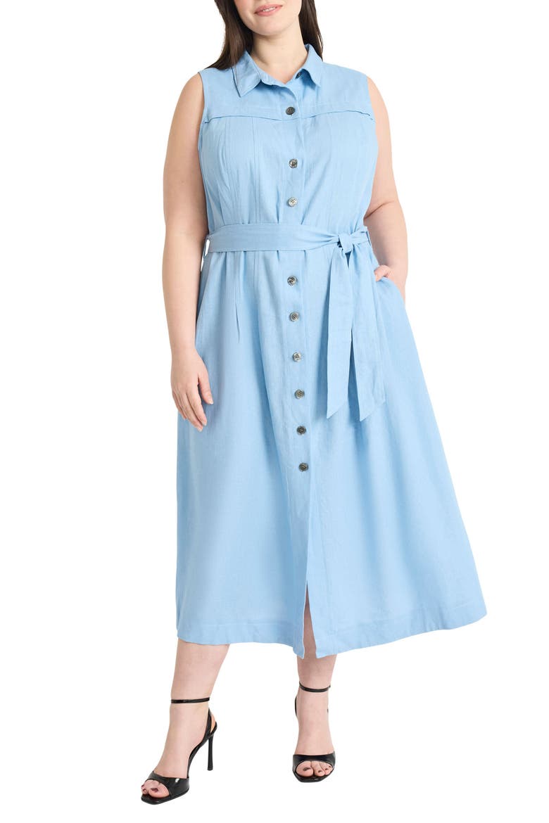 Tie Waist Sleeveless Maxi Shirtdress, Main, color, BLSSF BLUE
