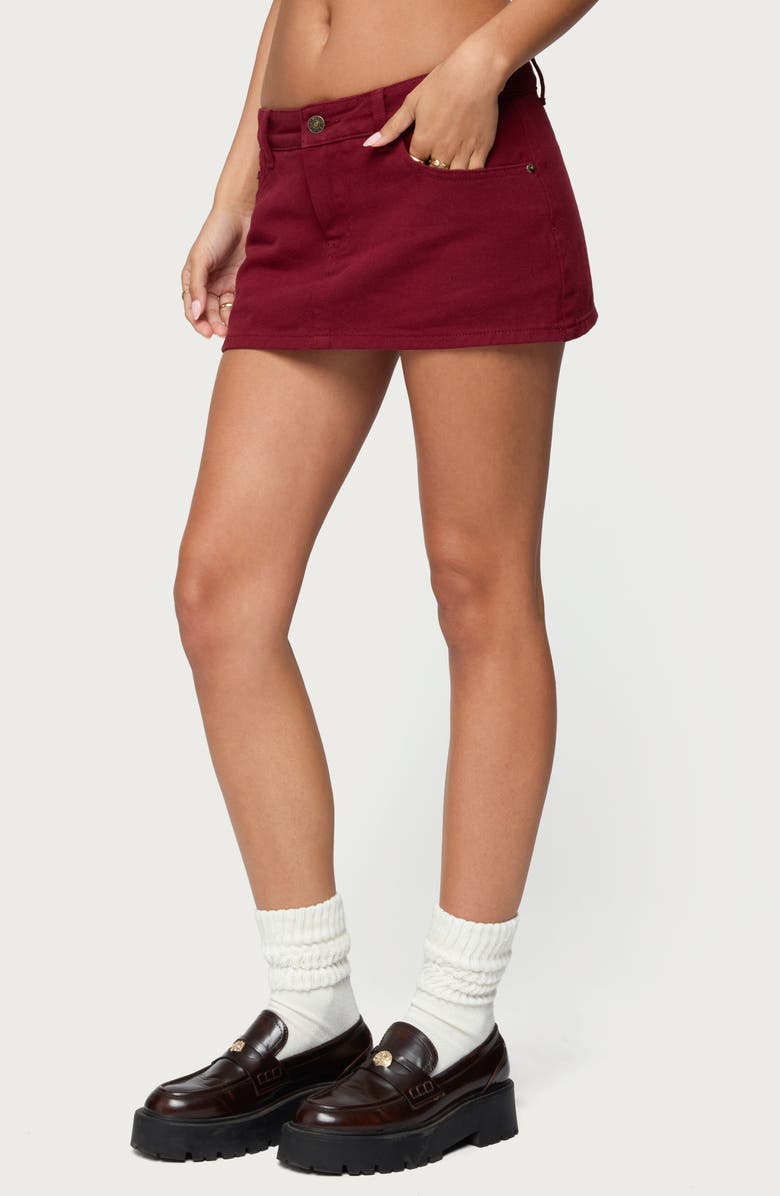 EDIKTED Camelia Low Rise Denim Miniskort, Alternate, color, Burgundy