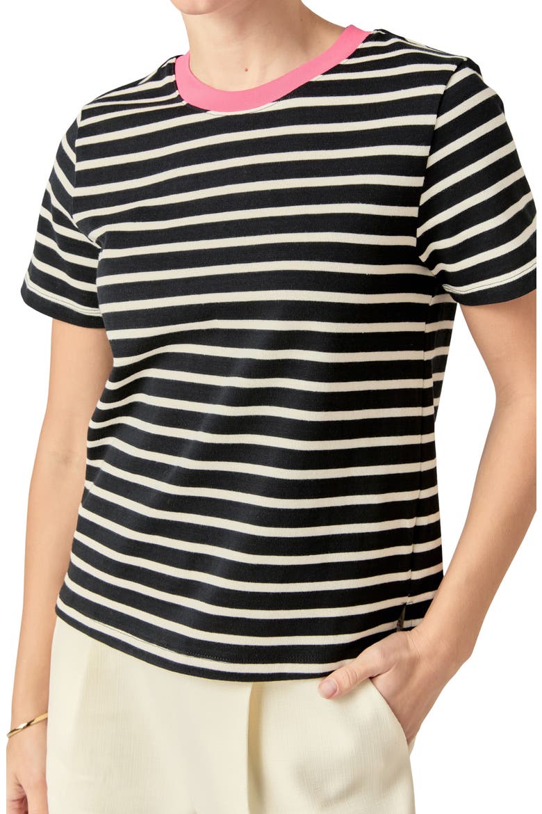Contrast Crewneck Stripe T-Shirt, Alternate, color, BLACK/ PINK