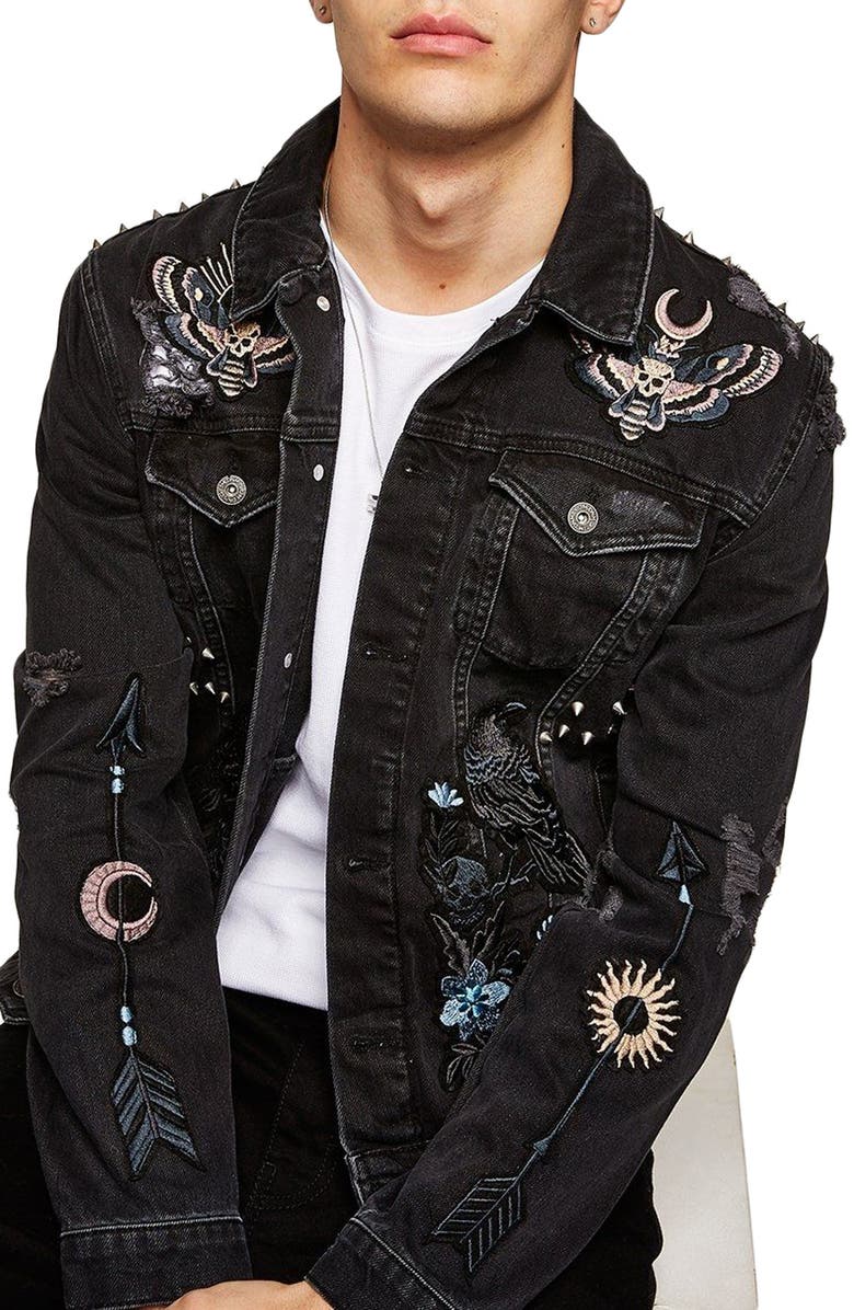 Topman Sleepy Hollow Slim Fit Denim Jacket with Patches, Main, color, 