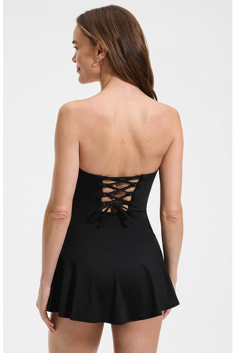Sculpting Bandeau Lace Back Mini Swim Dress, Alternate, color, Black