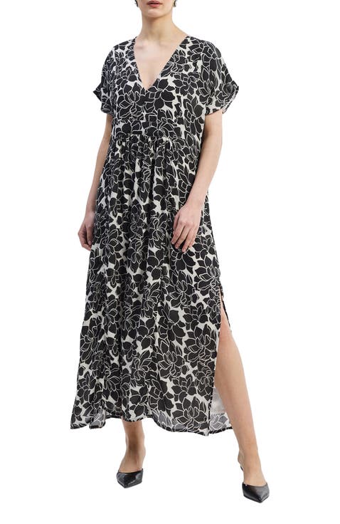 Deep V-neck Maxi Dress with Front Gathers in Black Florals