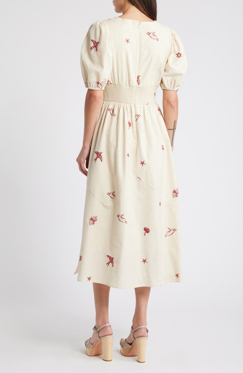 CIEBON Lexi Embroidered Puff Sleeve Cotton Dress, Alternate, color, Ivory/ Red