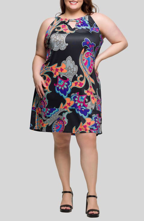 Print Sleeveless Keyhole Cutout Dress (Plus)