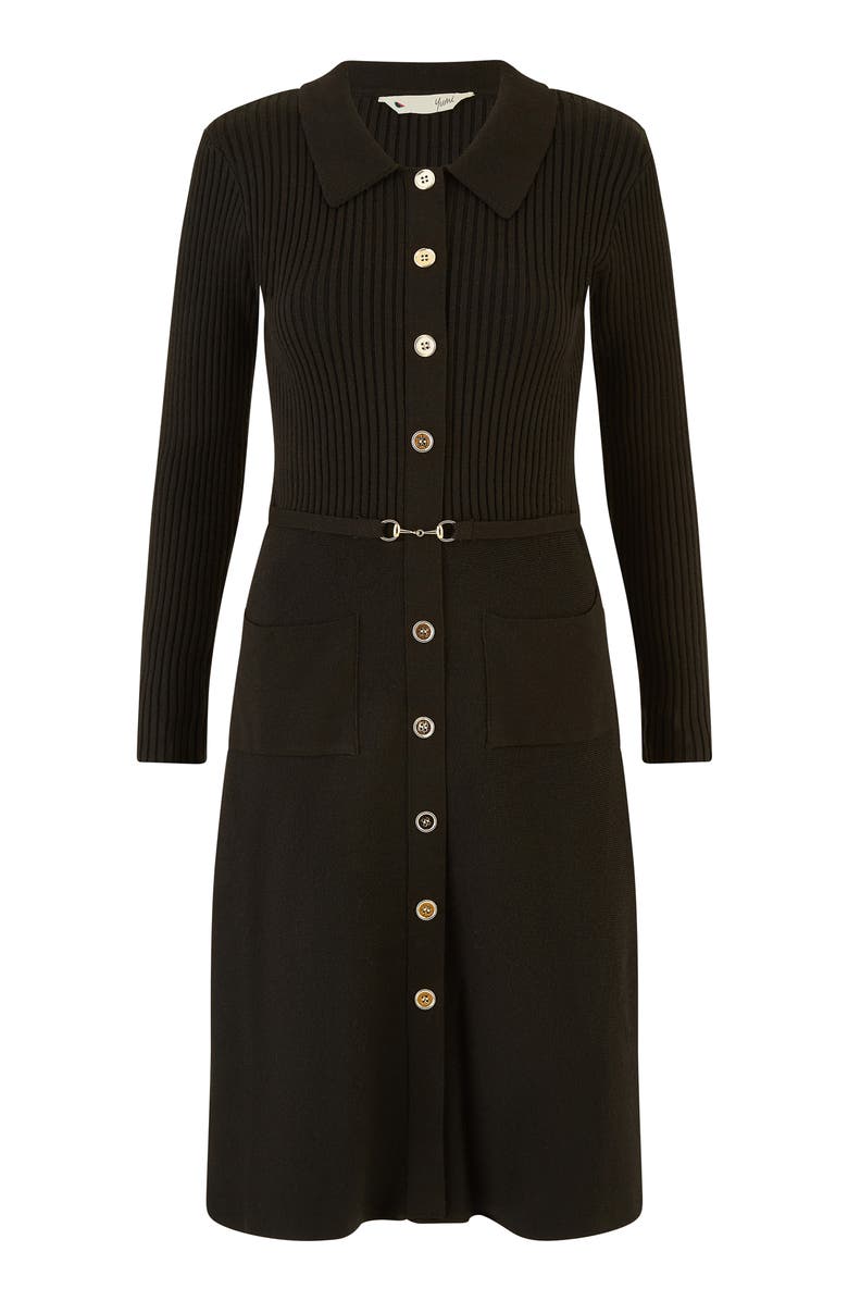 Yumi Belted Rib Knit Midi Dress With Pockets, Alternate, color, Black