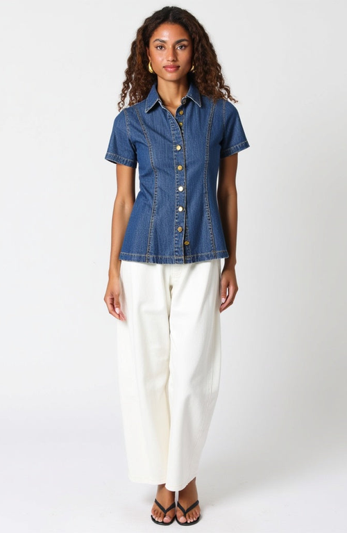 Modenaire Fitted Denim Short-sleeve Button-front Shirt In Blue