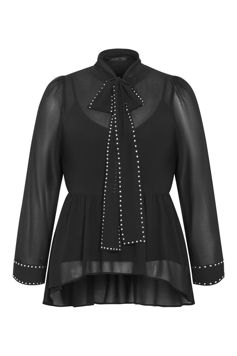 Kara Studded Pussybow Sheer Top, Alternate, color, BLACK
