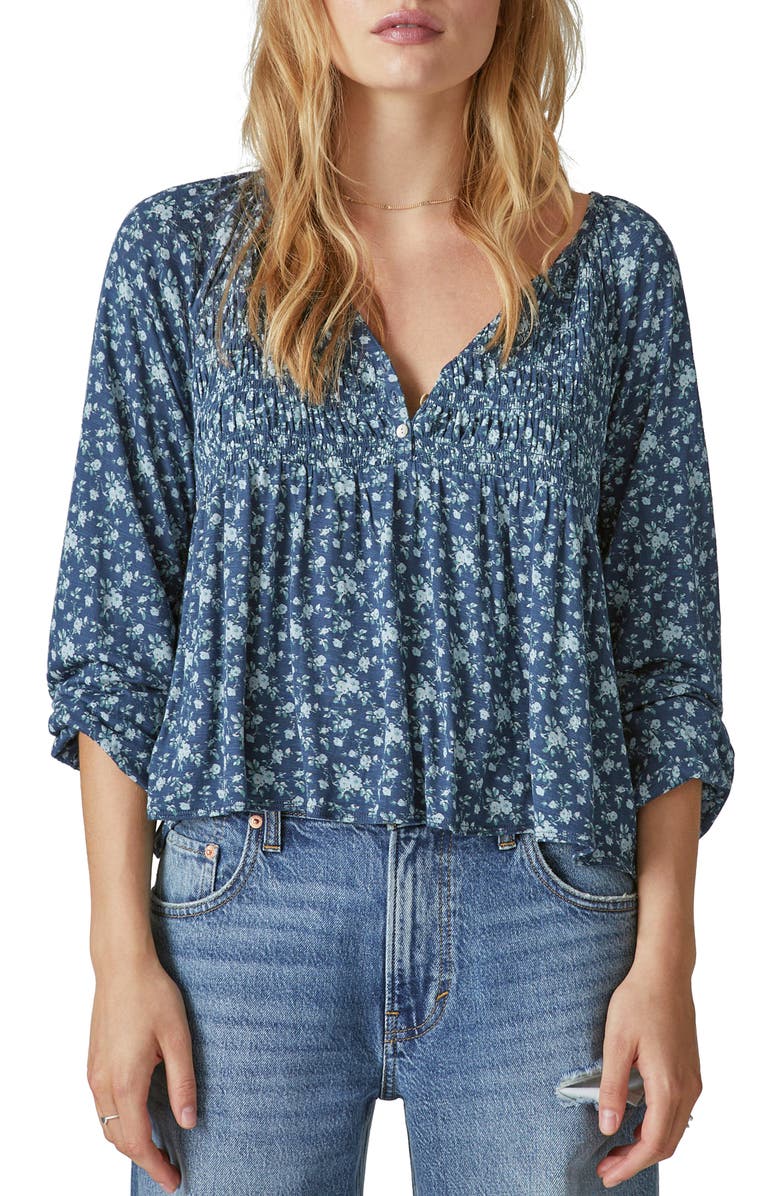 Lucky Brand Floral Smocked Henley Top, Main, color, 