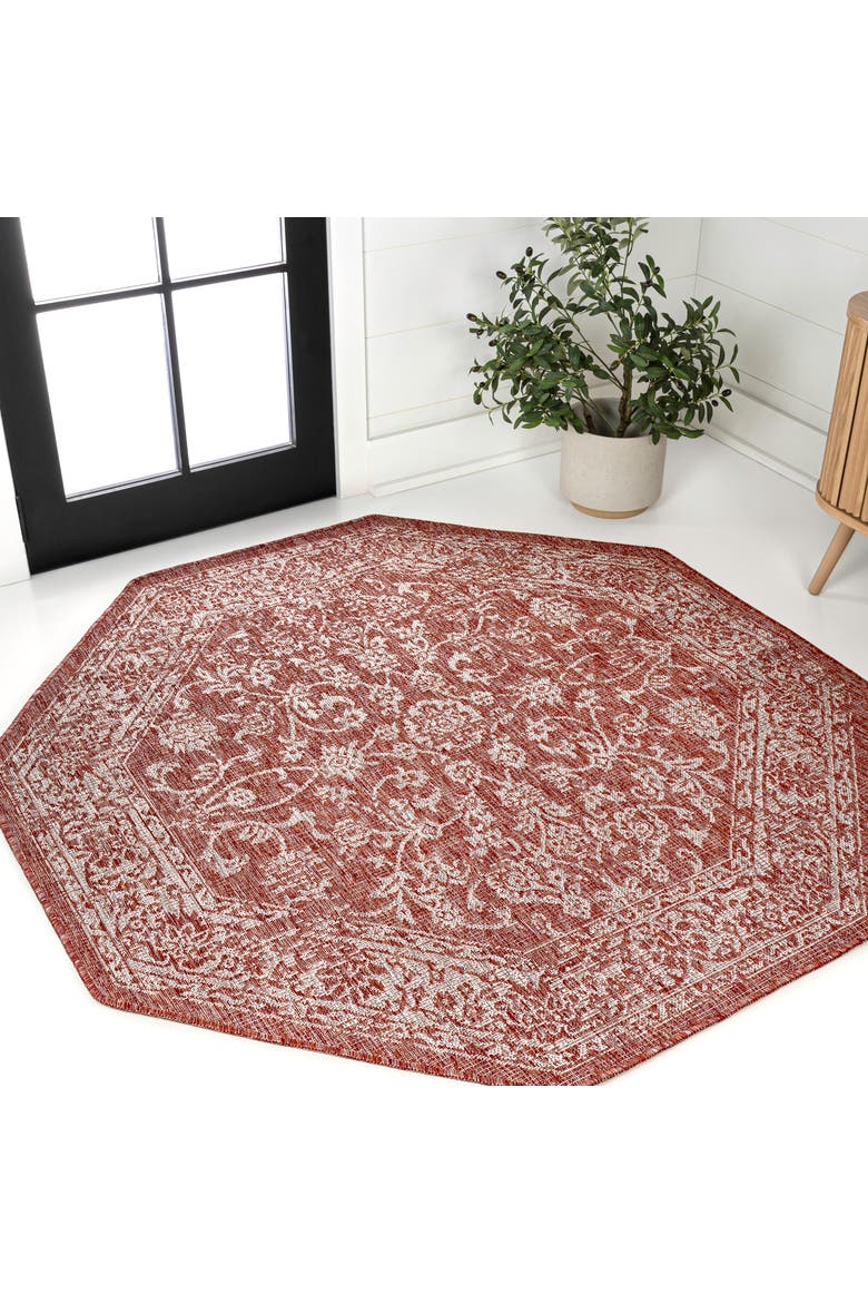 Tela Bohemian Textured Weave Floral Octagon Indoor/Outdoor Area Rug, Alternate, color, Red/Taupe