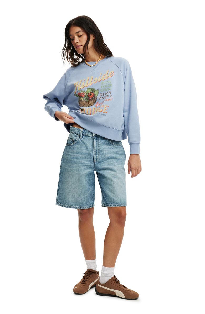 Cotton On Women's Classic Fleece Graphic Raglan Crew Sweatshirt, Alternate, color, Hillside Produce Dusk Blue