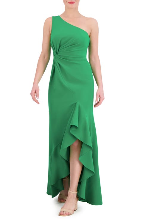 Ruffle Detail One-Shoulder High-Low Gown
