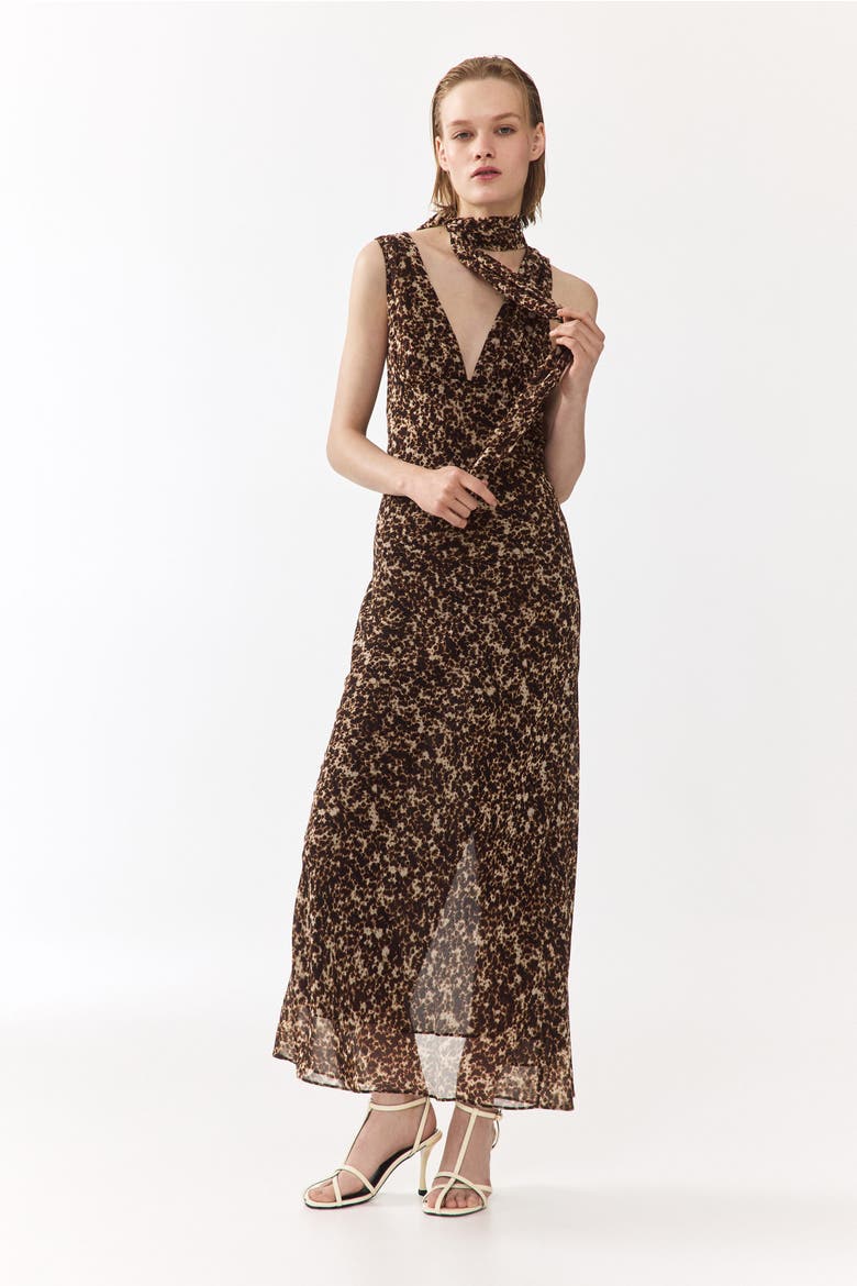 Scarf-detail Chiffon Dress, Main, color, Dark brown/patterned