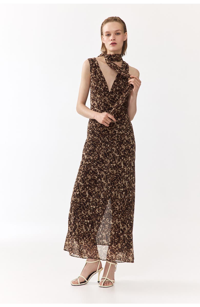 H&M Scarf-detail Chiffon Dress, Alternate, color, Dark Brown/Patterned