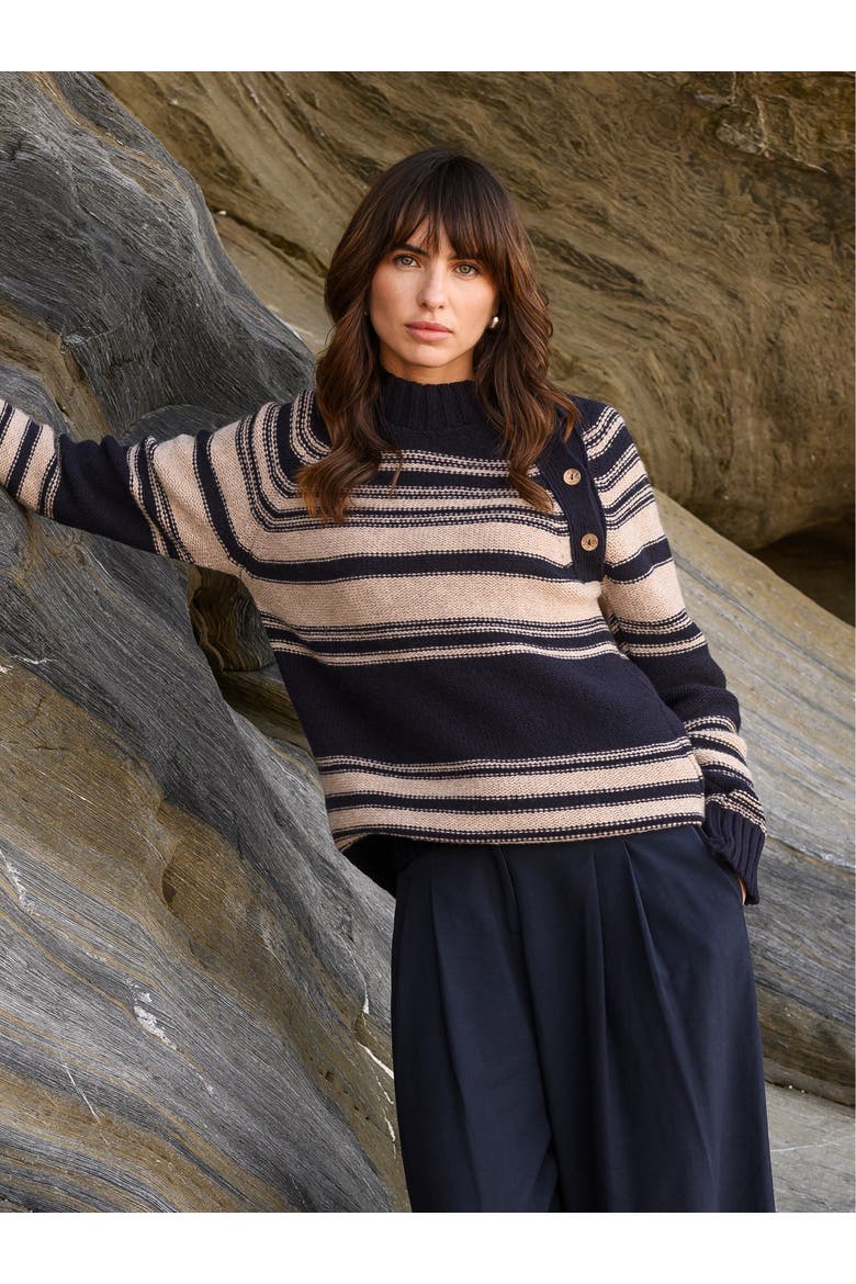 Pure Wool Stripe Button Neck Sweater, Alternate, color, DARK NAVY / OATMEAL
