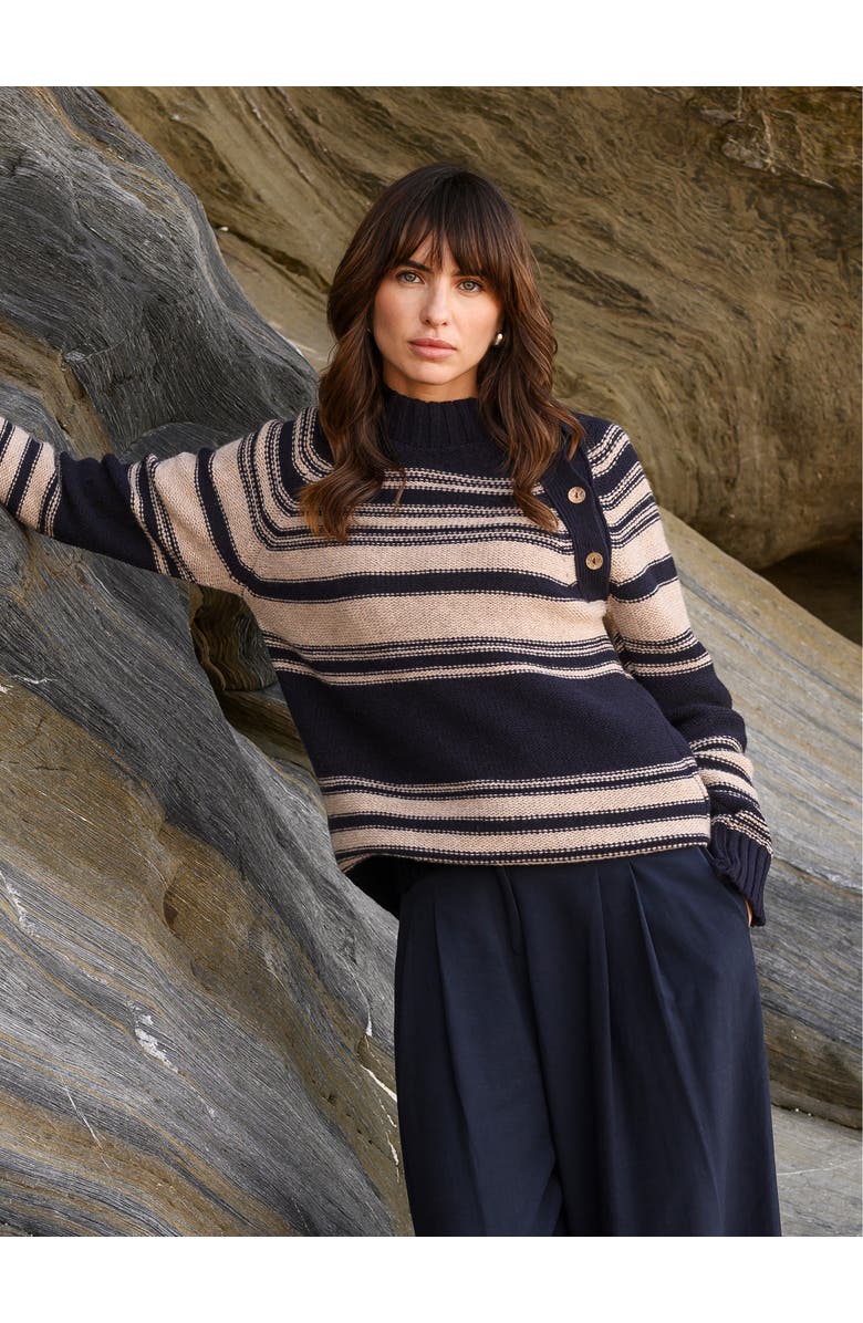 Celtic & Co. Pure Wool Stripe Button Neck Sweater, Alternate, color, Dark Navy / Oatmeal