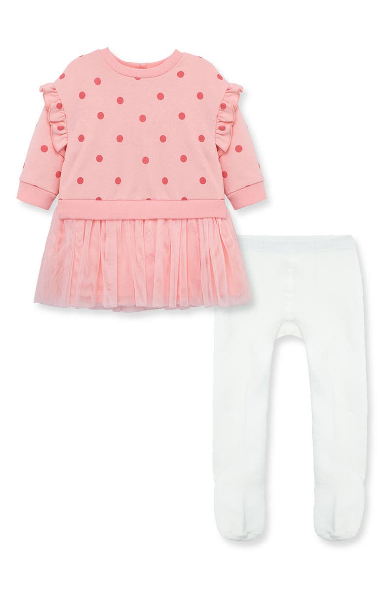 Little Me Polka Dot Ruffle Long Sleeve Dress & Tights Set, Alternate, color, 
