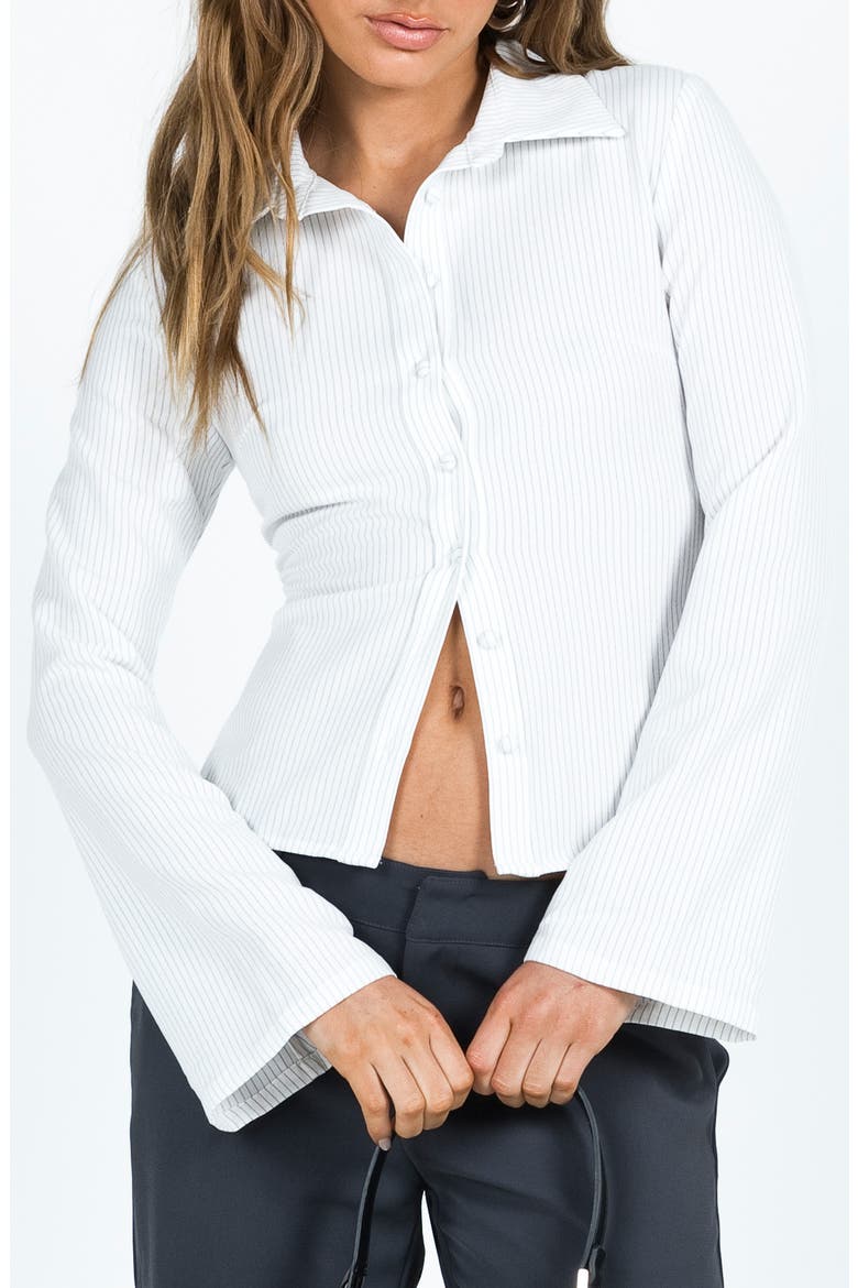 Anni Pinstripe Long Sleeve Button-Up Shirt, Main, color, WHITE