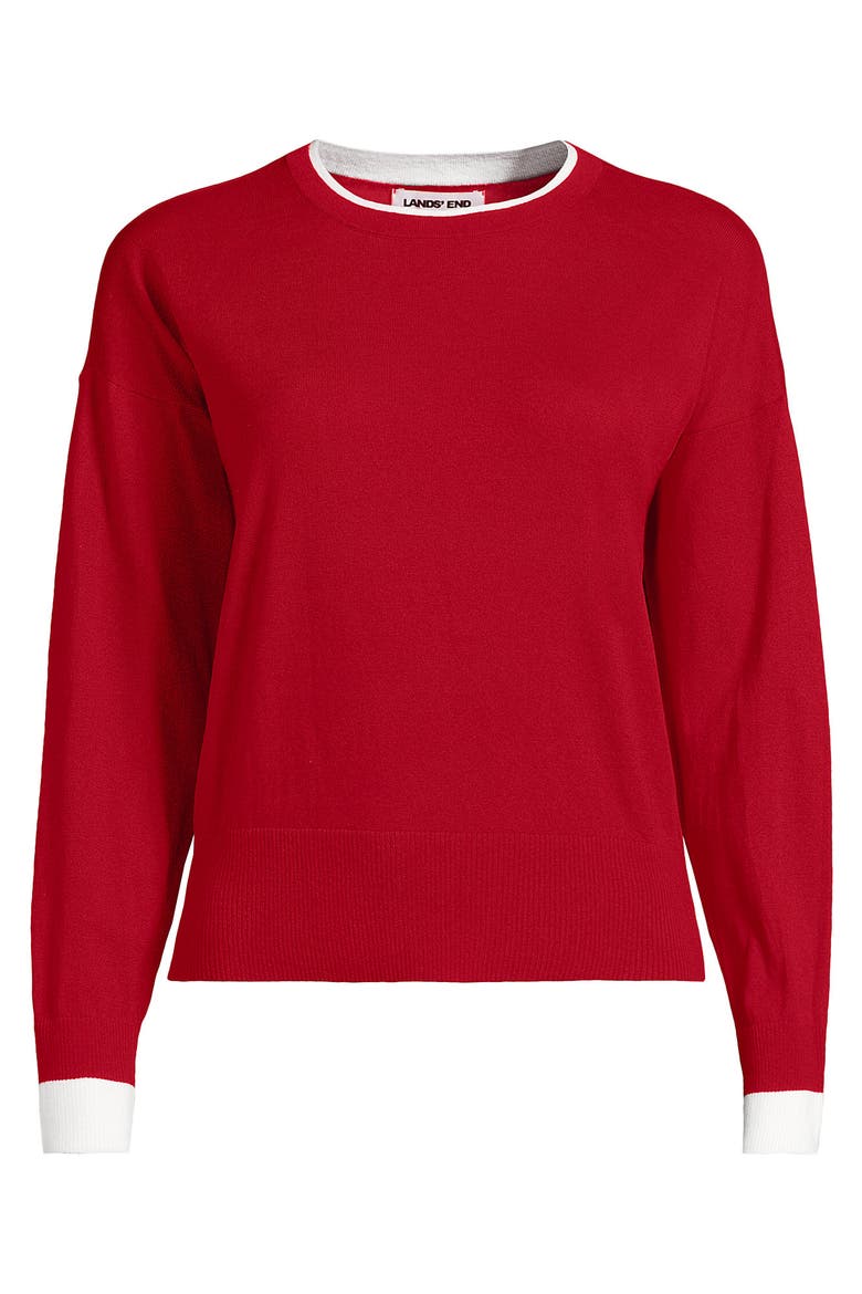 Double Trim Cotton Crew Neck Sweater, Alternate, color, Compass Red/White