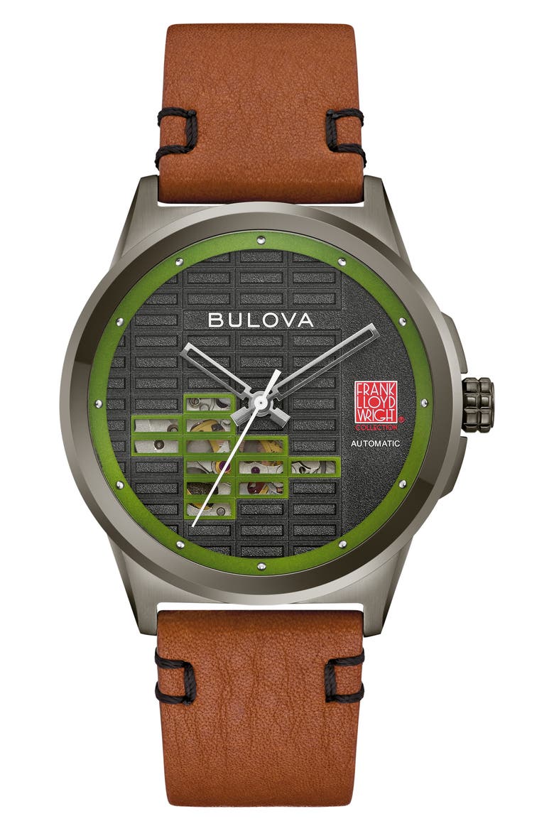 Frank Lloyd Wright Collection Kalil House Usonian Automatic Leather Strap Watch, 39mm, Main, color, BROWN