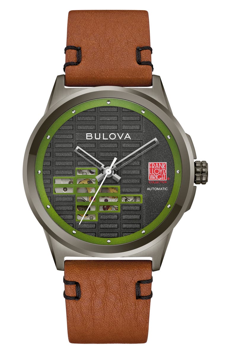 BULOVA Frank Lloyd Wright Collection Kalil House Usonian Automatic Leather Strap Watch, 39mm, Main, color, Brown