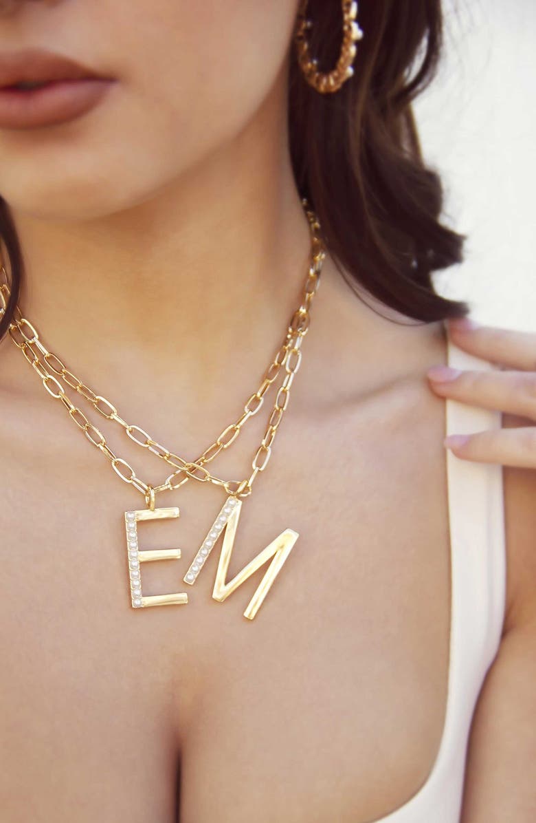 Ettika Imitation Pearl Initial Pendant Necklace, Alternate, color, Gold- E
