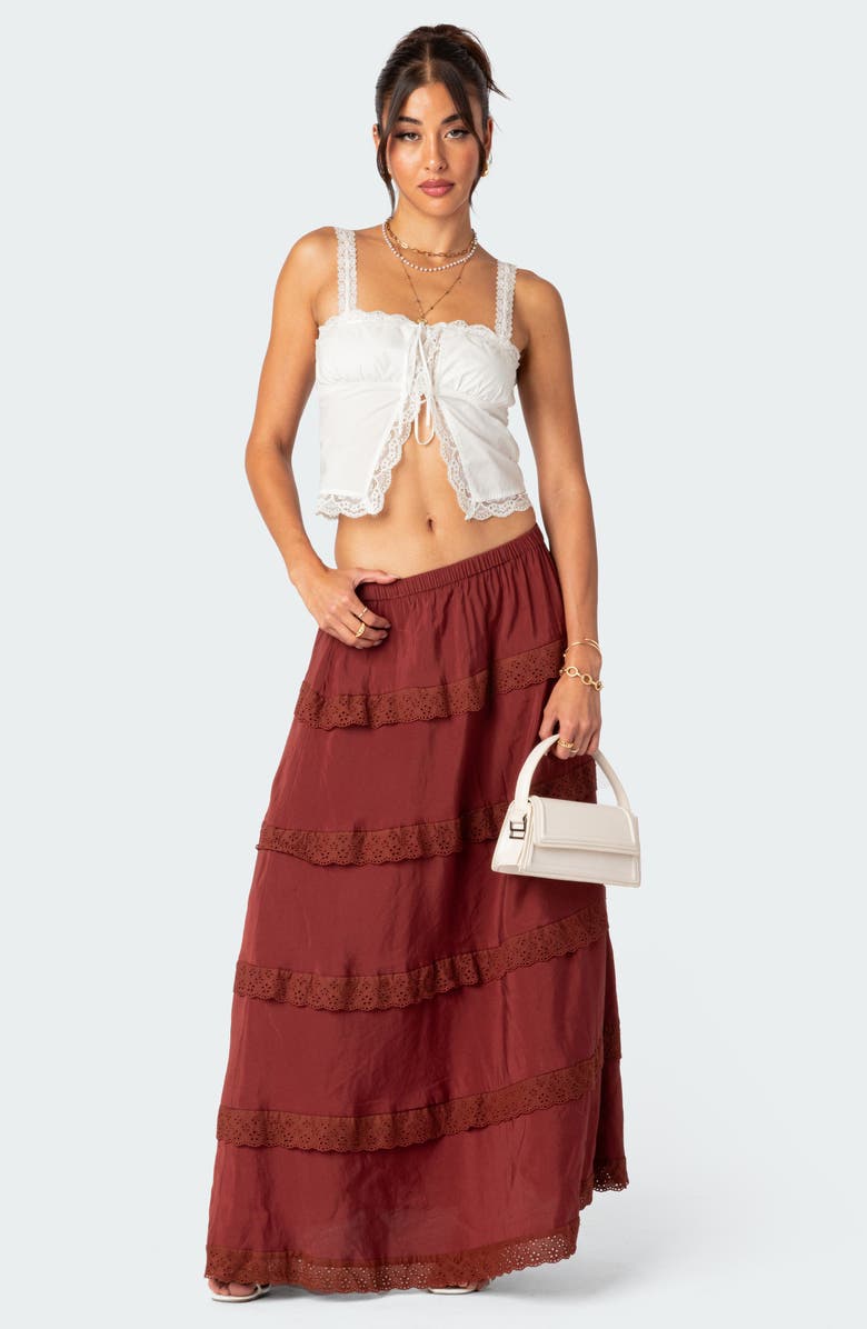 EDIKTED Eyelet Trim Tiered Cotton Blend Maxi Skirt, Alternate, color, 