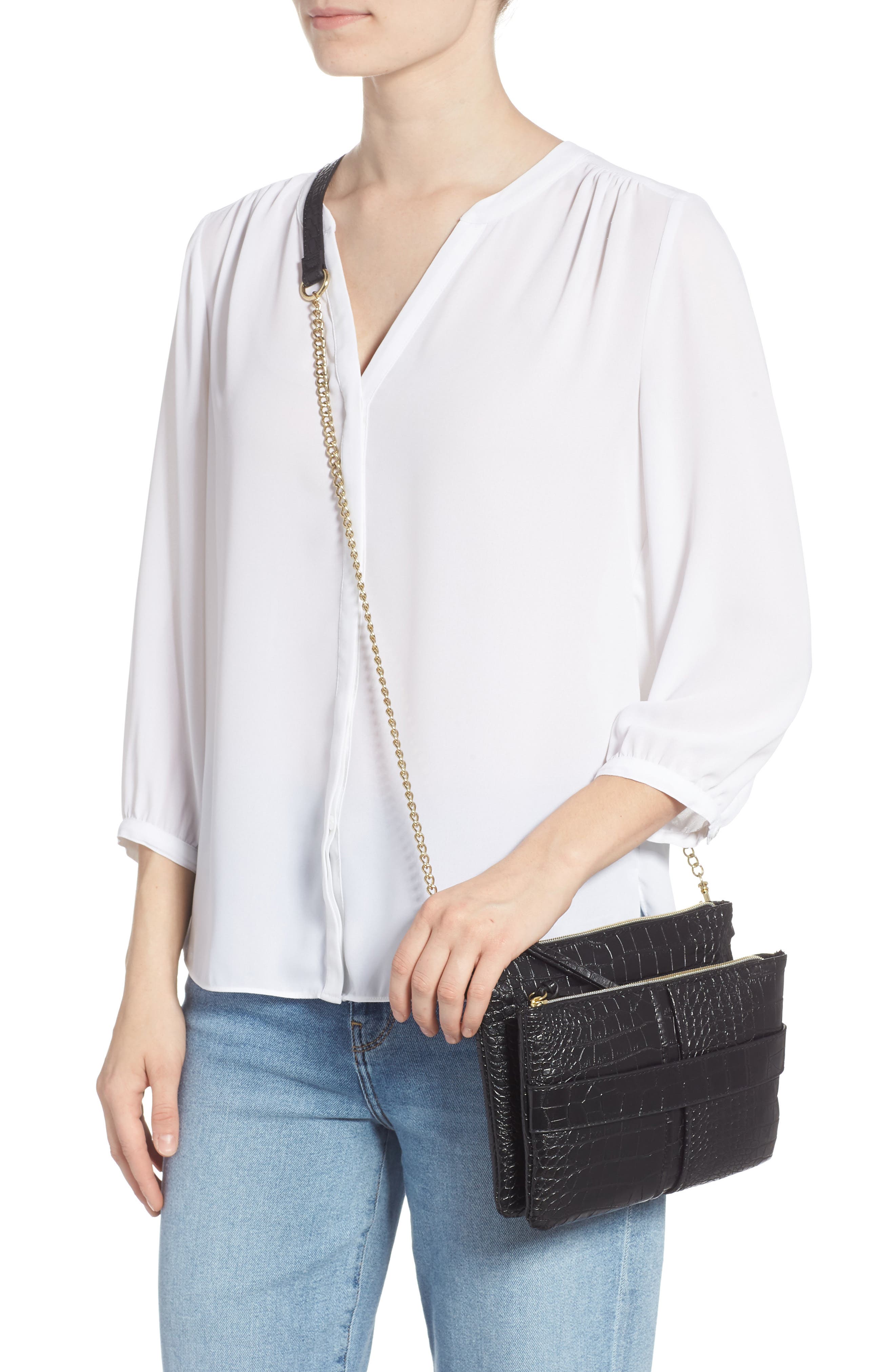 Croc Embossed Double Pouch Crossbody Bag, Alternate, color, BLACK