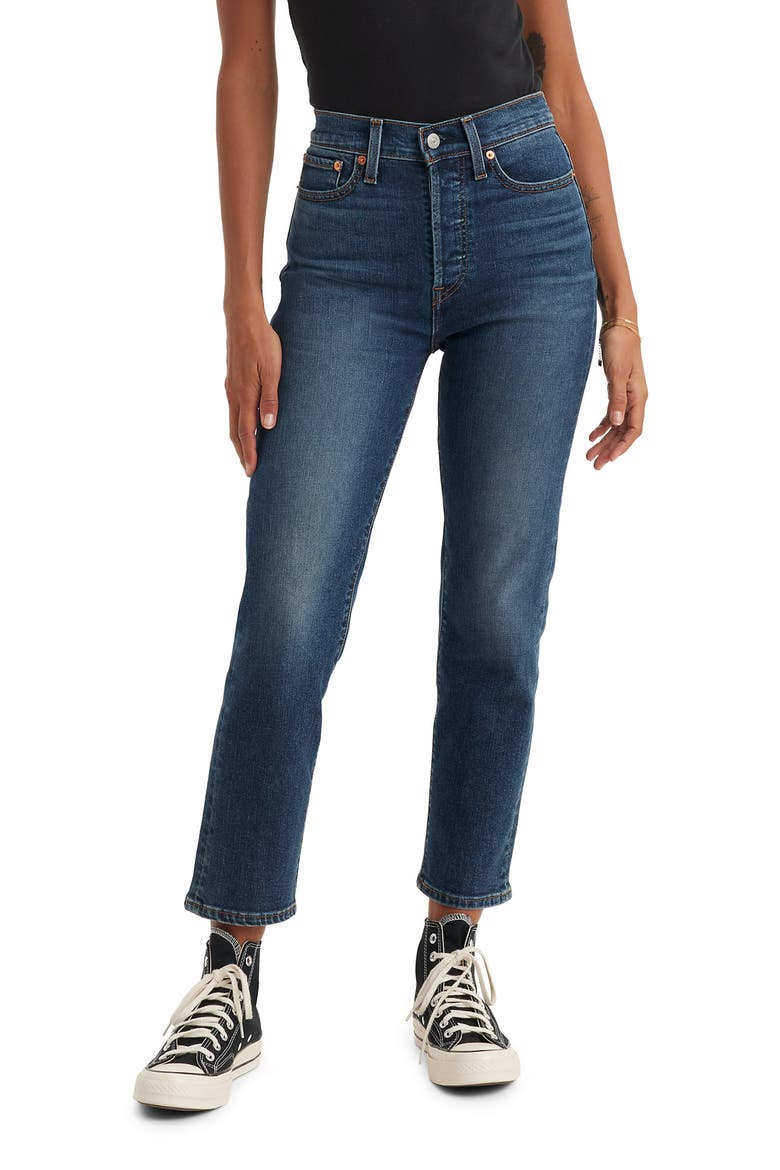 Wedgie High Waist Straight Leg Jeans, Main, color, INDIGO HERE WE GO