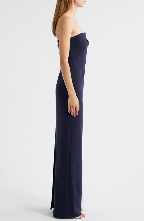 Likely Fallon Satin Bow Cutout Strapless Sheath Gown In Blue