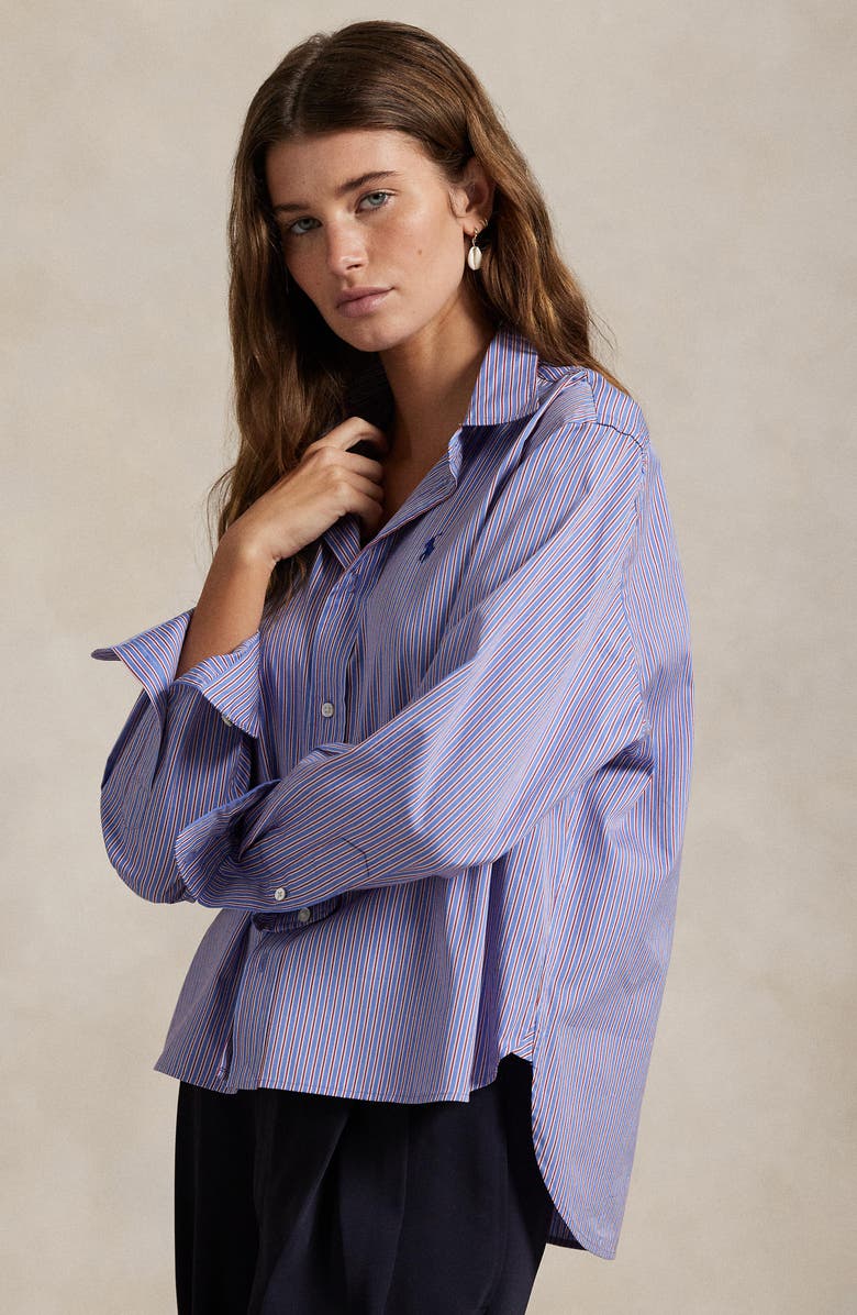 Polo Ralph Lauren Stripe Cotton Oxford High-Low Button-Up Shirt, Alternate, color,
