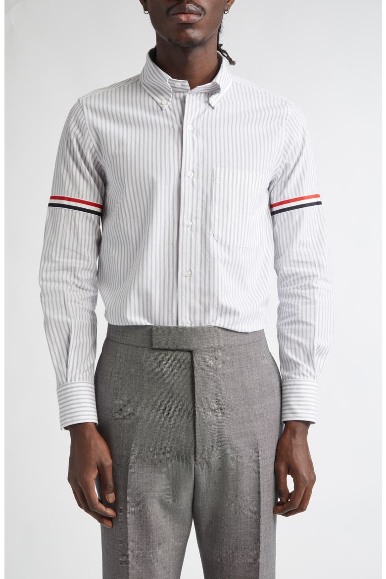 Armband Stripe Cotton Button-Down Shirt, Main, color, MEDIUM GREY