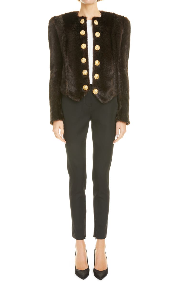 Balmain Button Detail Faux Fur Jacket, Main, color, 