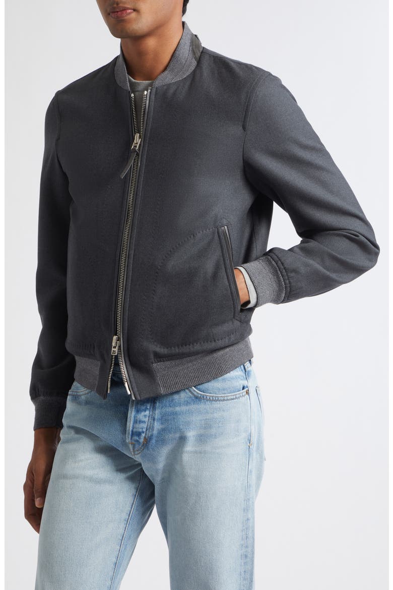 Two-Way Zip Lightweight Wool & Silk Bomber Jacket, Alternate, color, TAR GREY MELANGE