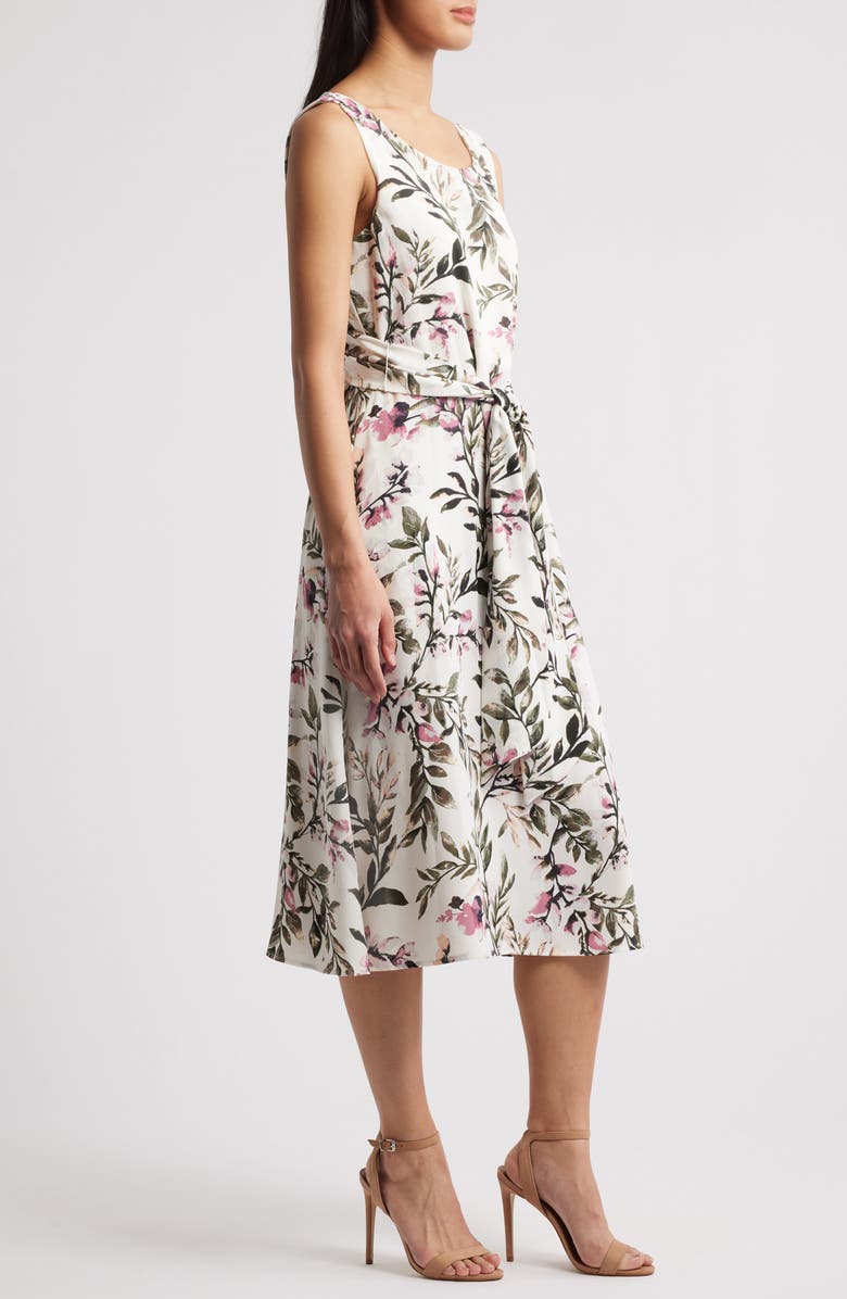 Connected Apparel Tie Waist Crepe Midi Dress, Alternate, color, Dusty Rose