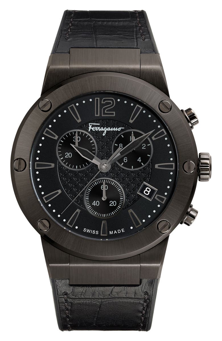 FERRAGAMO Salvatore Ferragamo F80 Chronograph Leather Strap Watch, 44mm, Main, color,