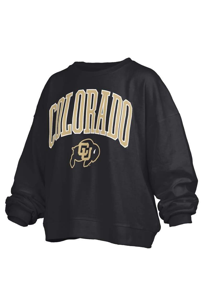 Women's Pressbox Black Colorado Buffaloes Janise Arch Over Logo Waist Length Oversized Pullover Sweatshirt, Alternate, color, Black