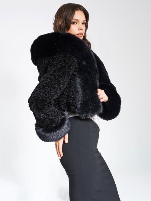 Miss Circle Kali Cropped Faux Fur Jacket With Hood In Black
