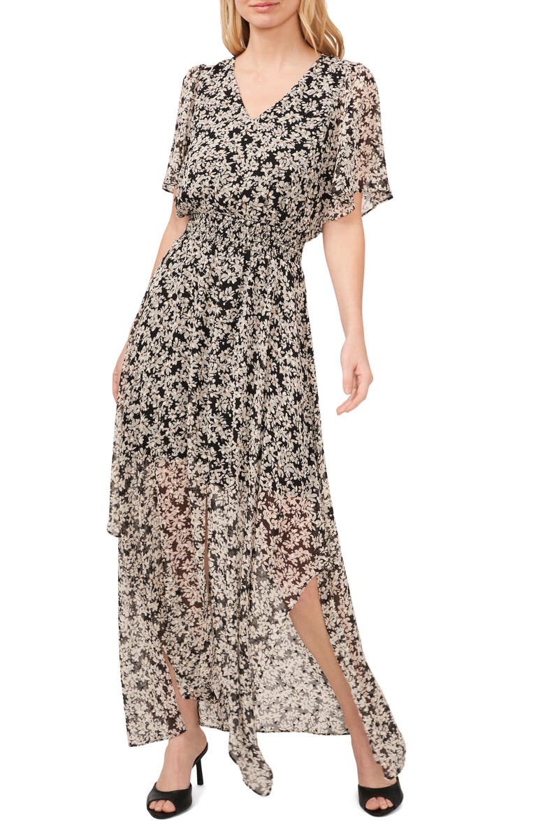 CeCe Clip Dot Flutter Sleeve Smocked Waist Dress, Main, color, 