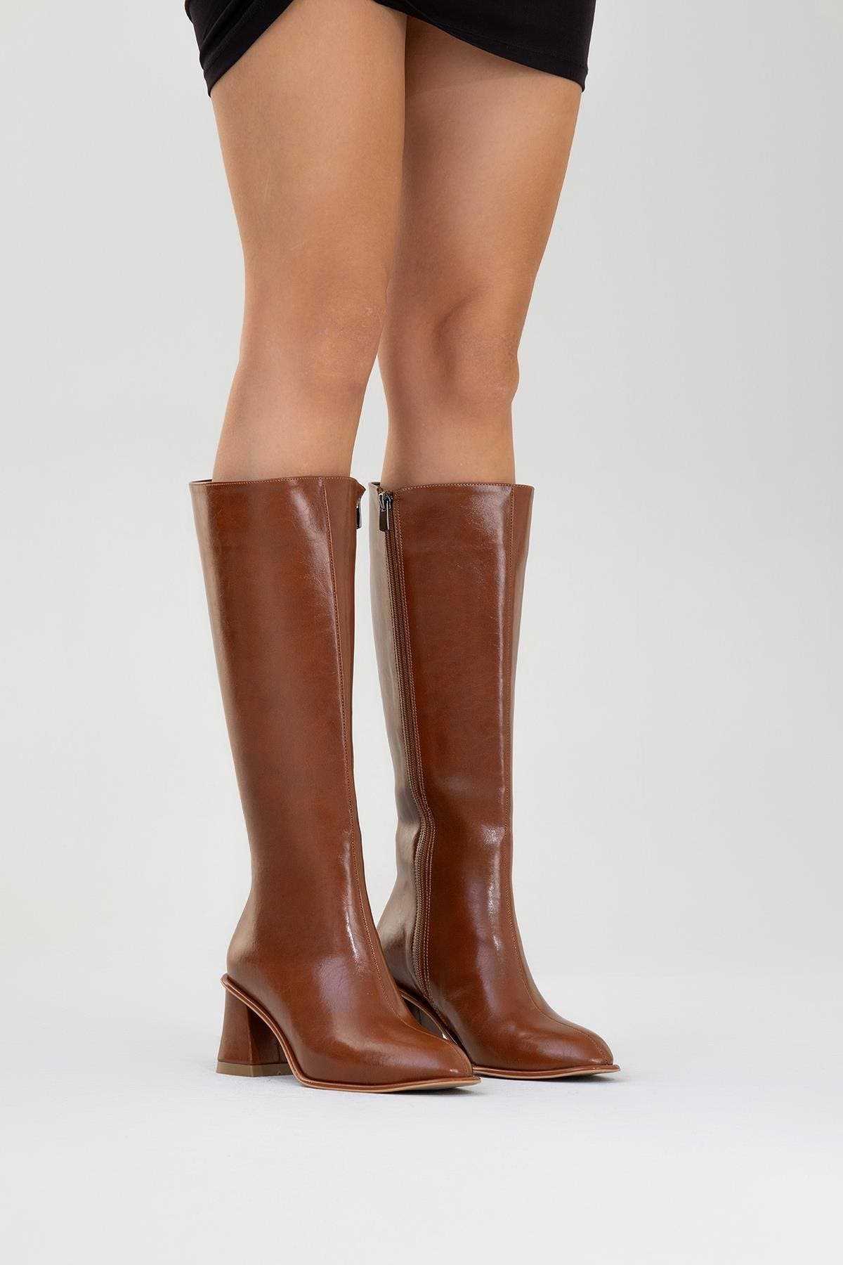 Paradis Block Heel Knee High Boot, Alternate, color, Cognac Faux Leather