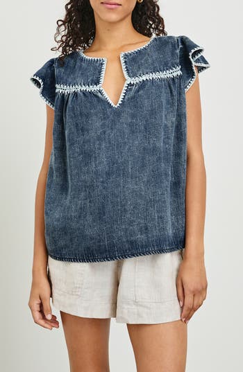 Rails Tafia Embroidered Flutter-sleeve Blouse In Blue