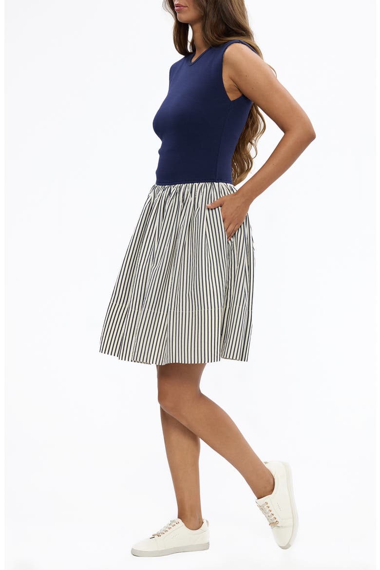 Daphne Mixed Media Drop Waist Dress, Alternate, color, OFF WHITE / NAVY STRIPE
