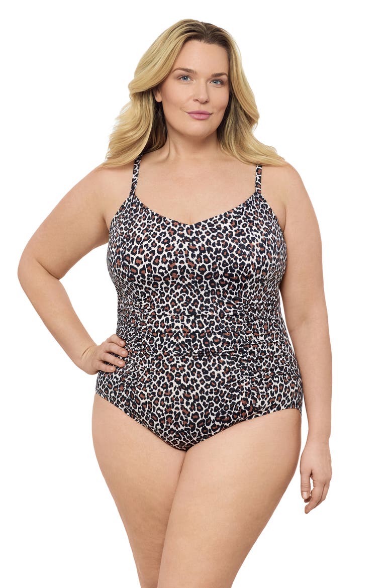Plus Size Princess Seam V-Neck Side Shirred Adjustable One-Piece Swimsuit, Main, color, Desert Leopard