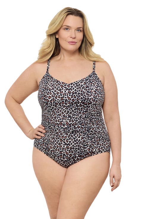 Plus Size Princess Seam V-Neck Side Shirred Adjustable One-Piece Swimsuit