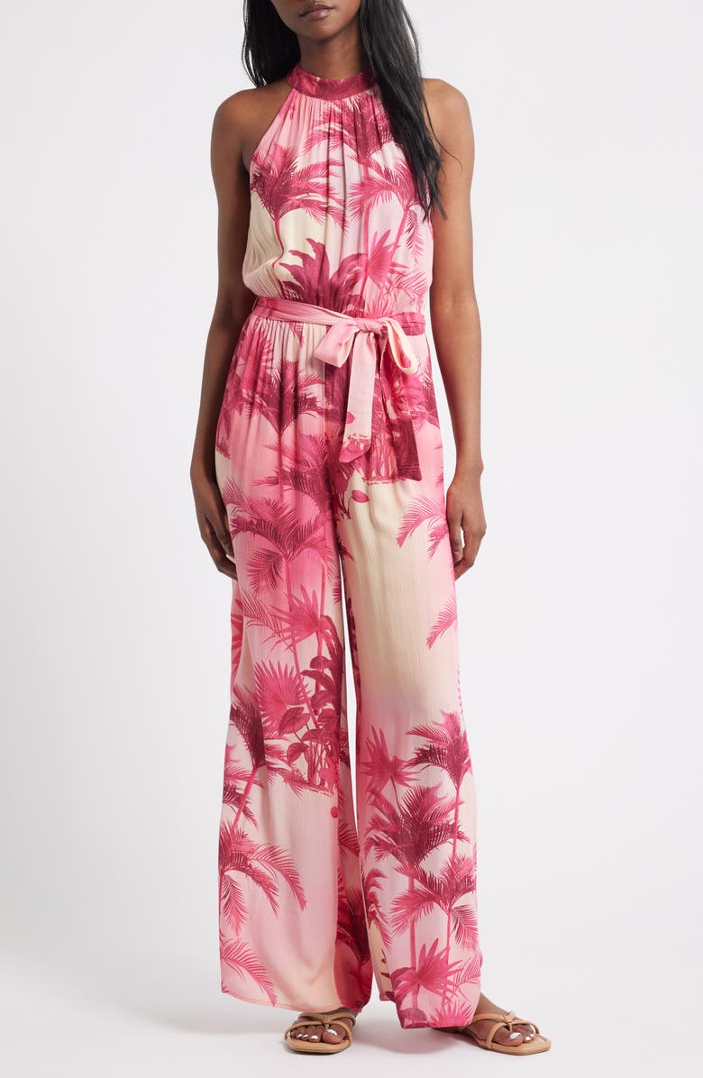 Lipsy Palm Tree Print Halter Jumpsuit, Main, color, Pink